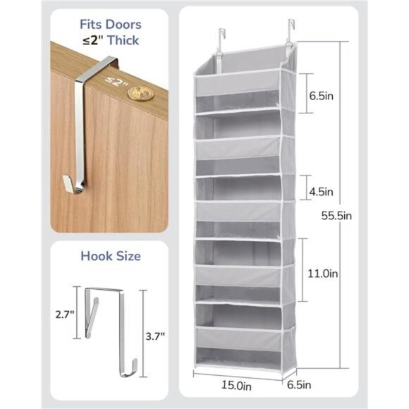 Over Door Organizer Hanging Storage 5 Large Pockets 10 Mesh Side Pockets Grey - Picture 3 of 8